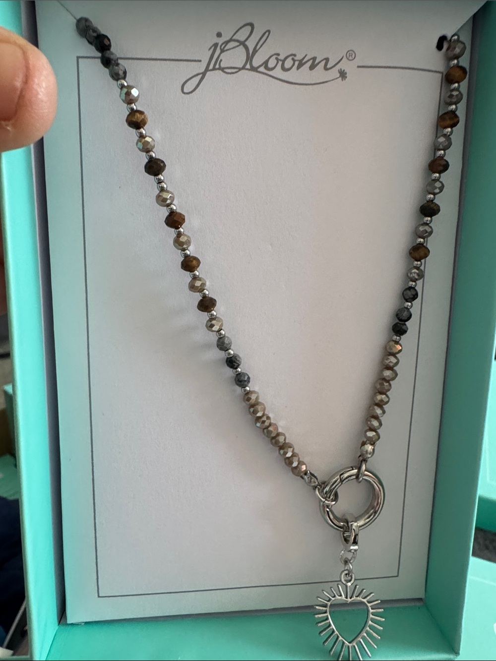 bloom Brown Silver & Gray Beaded Sunburst Heart Stainless SteelPendant Necklace